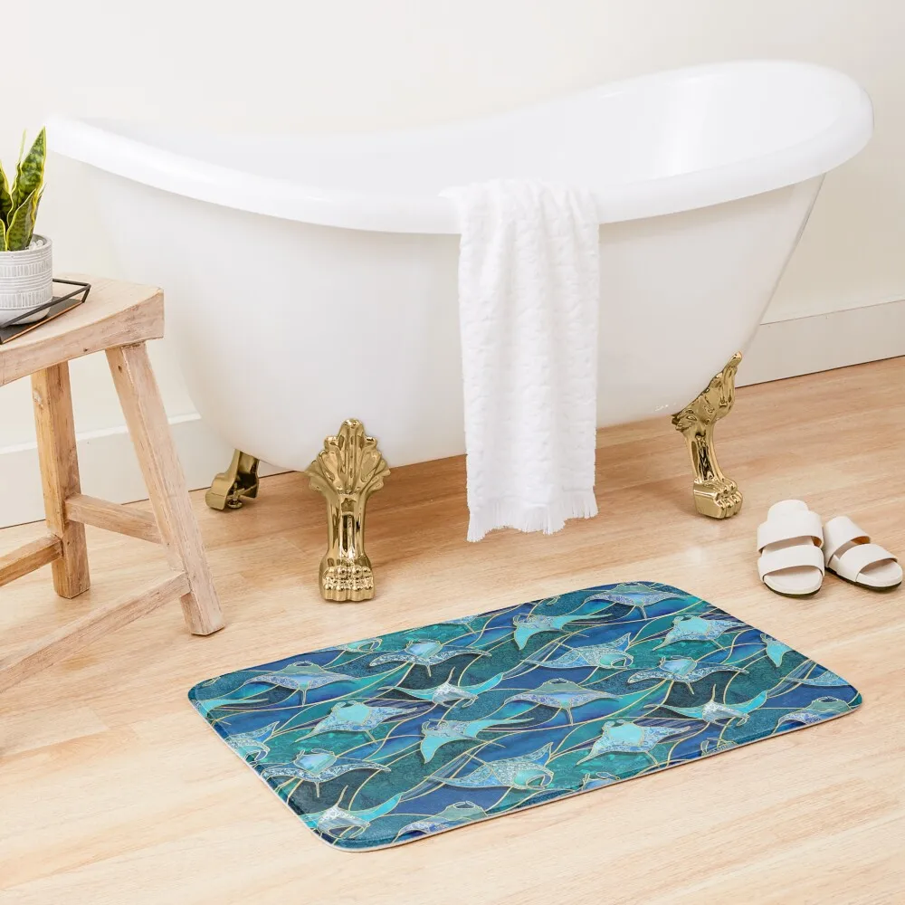 

Patchwork Manta Rays in Sapphire and Turquoise Blue Bath Mat Non-Slip Bathroom Mat Mat For Hallway Carpets For The Bathroom