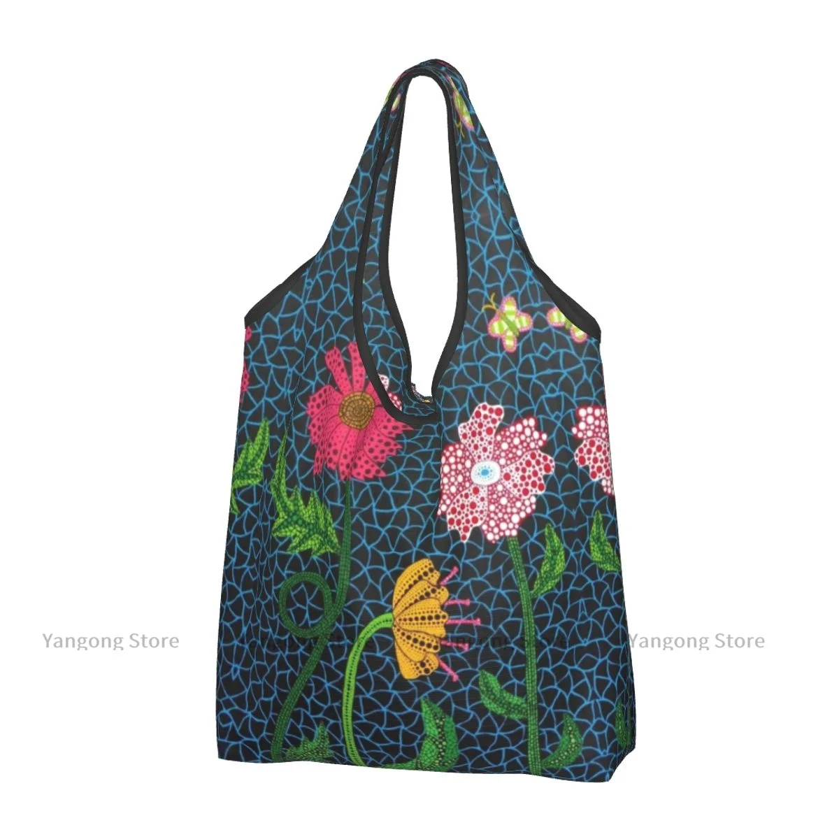 

Folding Shopping Bag Kusama Flower Reusable Portable Shoulder Handbag for Travel Grocery Pocket Tote