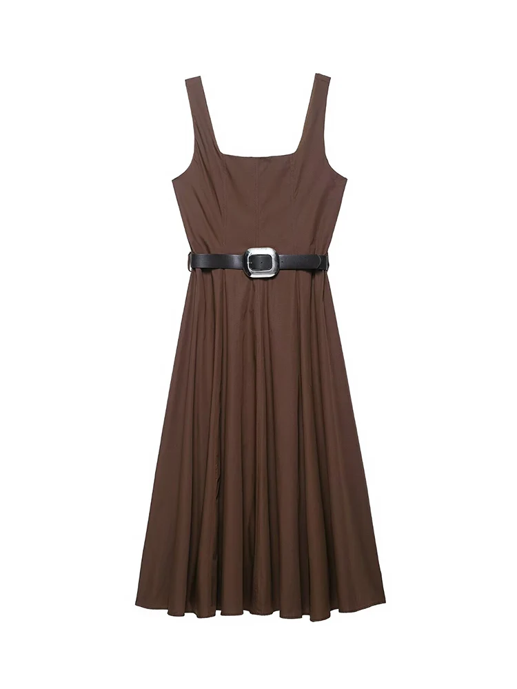 TFMLN Summer Women's Elegant Square Neck Midi Dress Sleeveless Solid Belt Pleated A-Line Dress Fashion Leisure Beach Vacation