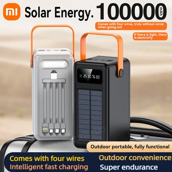 Xiaomi 100000mAh Solar Panel Power Bank Fast charging Comes with Four Wire External Battery Pack with Flashlight For Outdoors ﻿