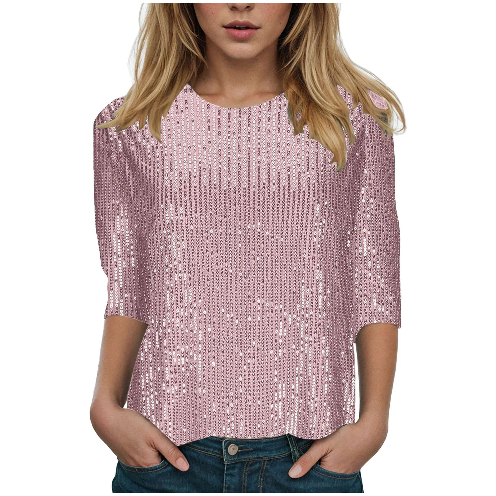 Woman wearing glitter sequin quarter sleeve T-shirt with round neck in a festive club wear setting 09