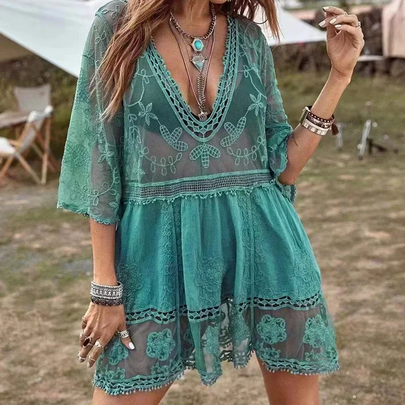 Swimsuits Woman 2024 Sexy Beach Cover Up V-neck Women Beach Tunic Dress Sarong Bikini Cover Up Crochet Top for Women Beachwear