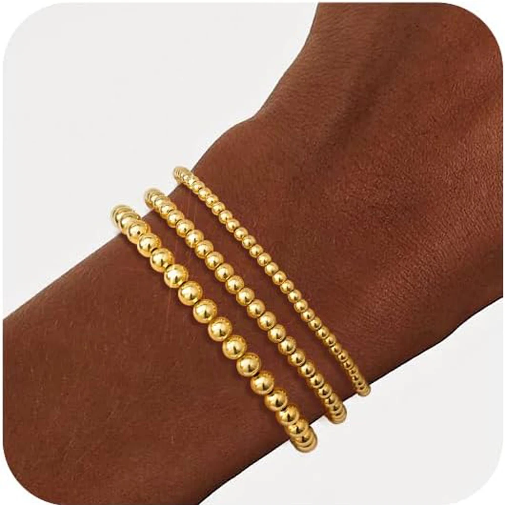 18 Karat vergoldetes, wasserdichtes Armband, Stapel-Perlenarmbänder für Frauen, Strang-Perlen-Kugel-Armband-Sets, stapelbare Schmuckgeschenke