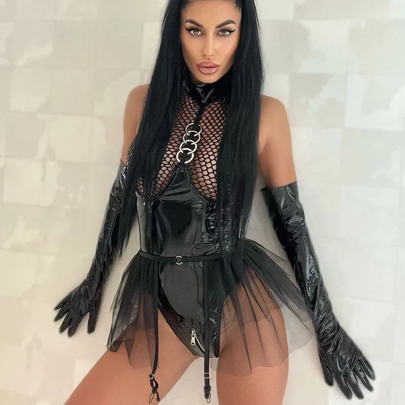 

Sexy Pole Dance Costume Pu Leather Hollow Out Bodysuit Nightclub Dj Singer Dancer Show Clothes Party Club Rave Outfit