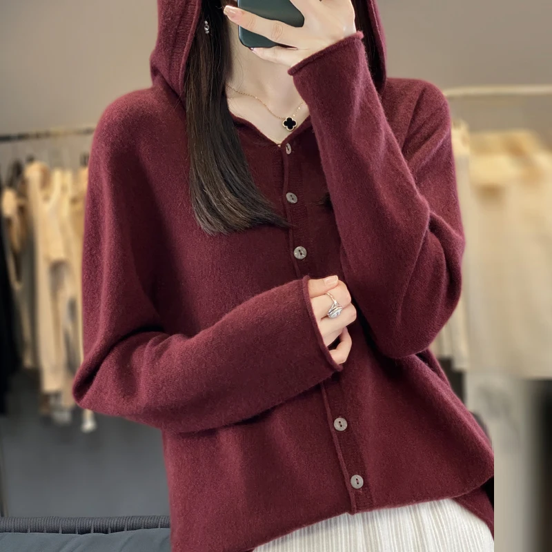 여성용 고급 캐시미어 얇은 코트, 100% 울 후드 스웨터, 버튼업, 캐주얼 루즈 가디건, 다목적, 가을, 겨울, 23 신상