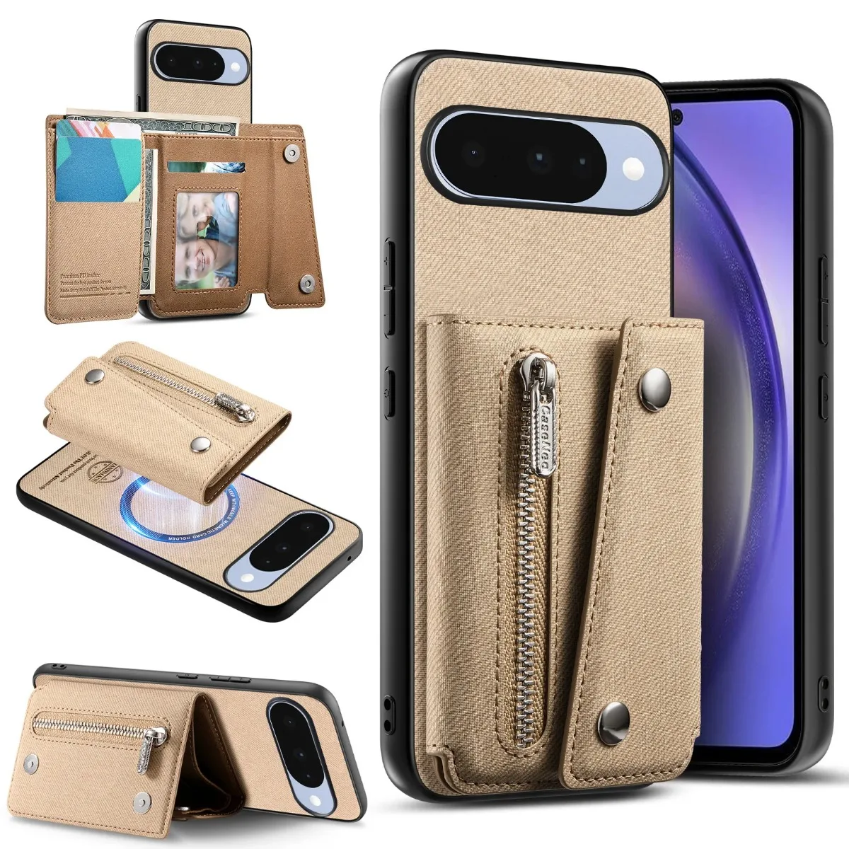 Versatile Magnetic Wallet Phone Case with Card Holder & Zipper Pocket