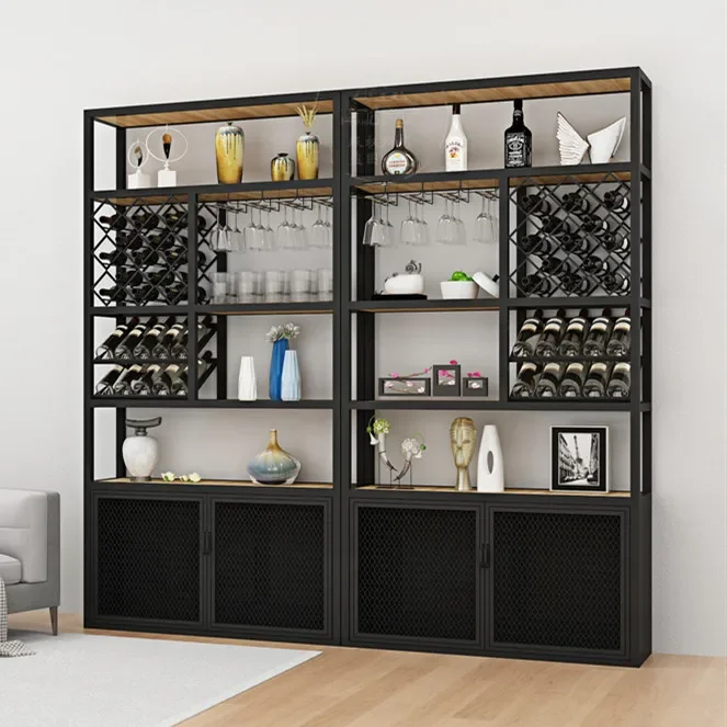 Metal wine storage cabinet wine rack shelf with light against the wall bar rack display case