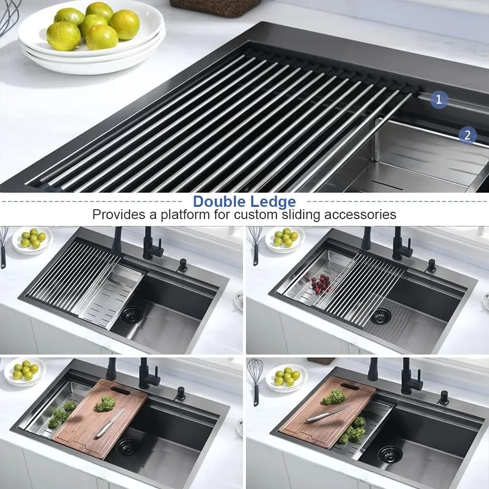 33x22 Black Stainless Steel Kitchen Sink Drop in Sink Double Ledges Workstation Handmade 16 Gauge Single Bowl Deep Kitchen
