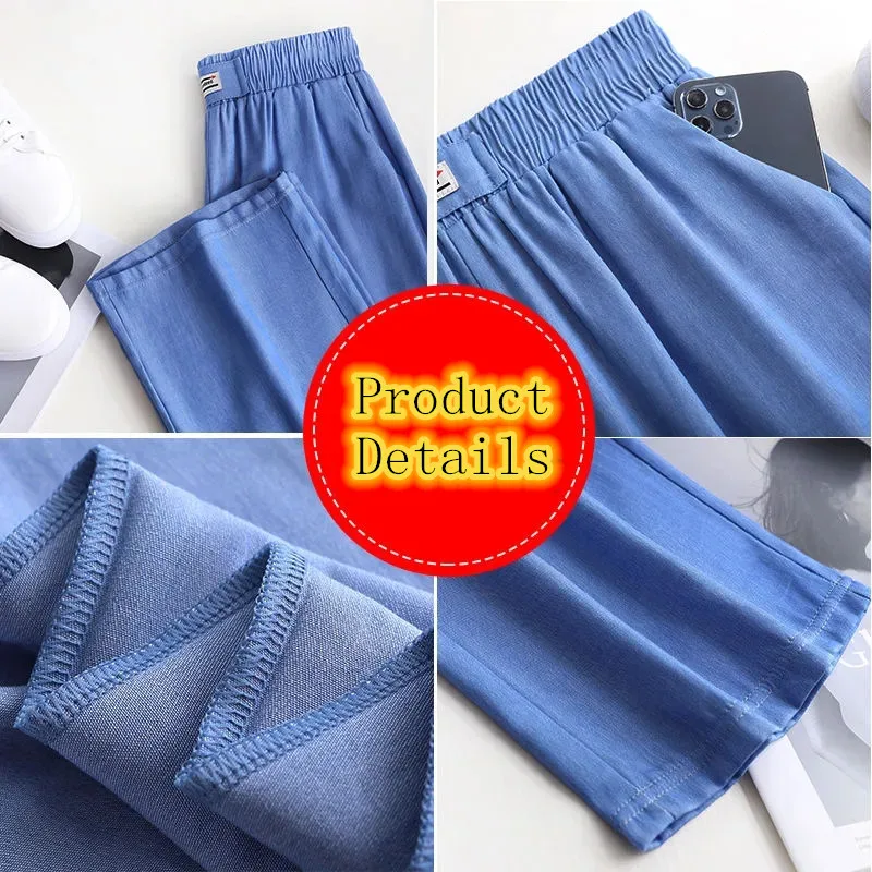 Ice Silk Jeans Women Summer Thin Comfortable Blue Denim Wide Leg Pants New Elastic High Waist Straight Trousers Female Pantalons images - 6