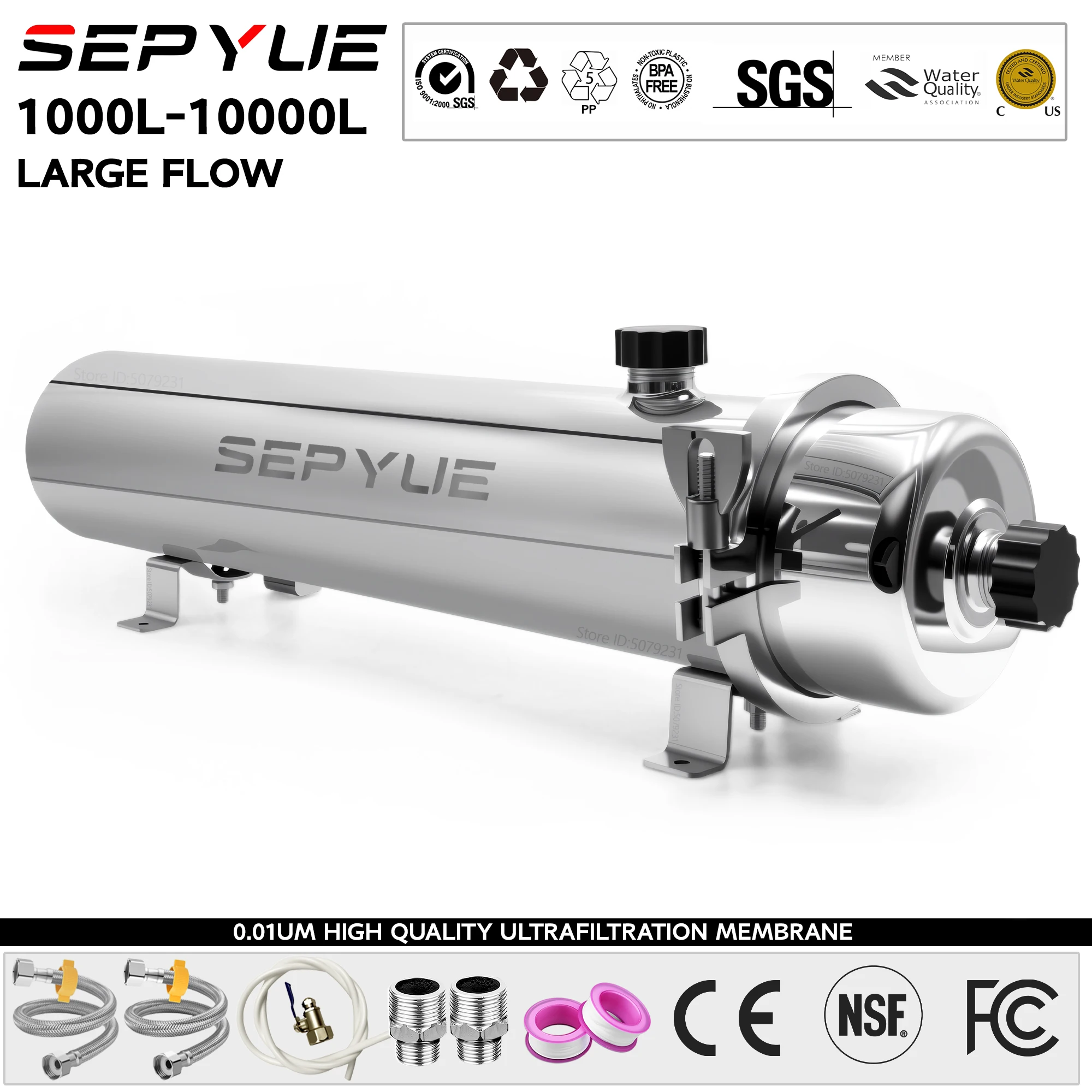 SEPYUE เครื่องกรองน้ําระบบ UF ไหลสูงทั้งบ้าน 1000L,0.01μm ตัวกรองแร่สแตนเลสพร้อมเมมเบรน PVDF แบบใช้ซ้ําได้ 1