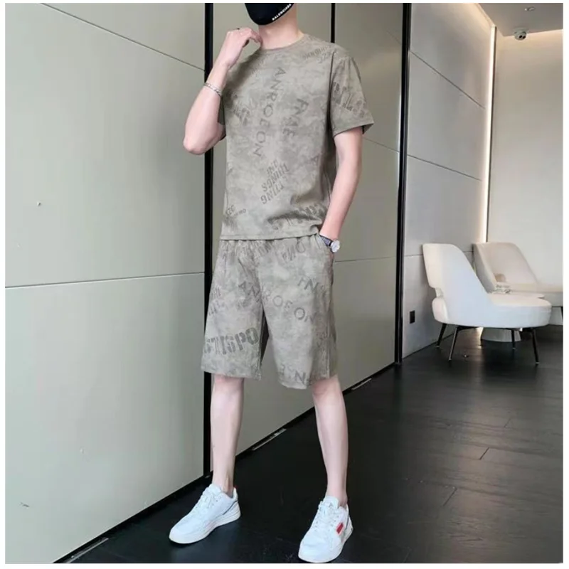 Summer Cool Ice Silk Casual Sports Set for Men's Korean Style Trendy and Handsome Youth Shorts Short Sleeve T-shirt Set H0008