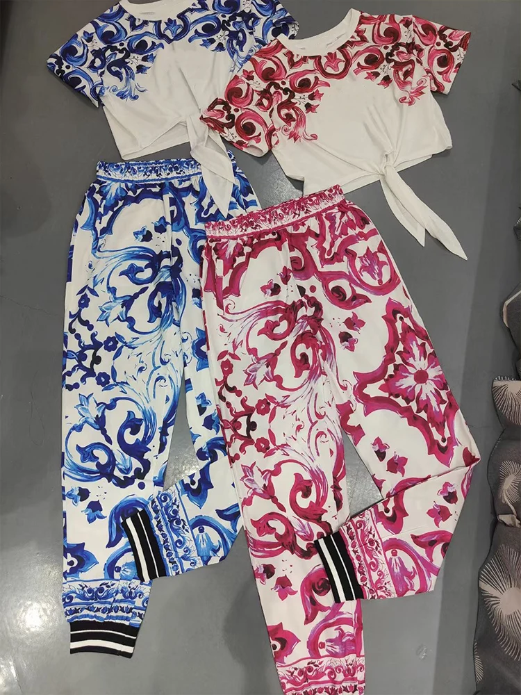 

Spring and summer new retro printed T-shirt short sleeve blouse+elastic waist casual pants two-piece women's fashion suit pants