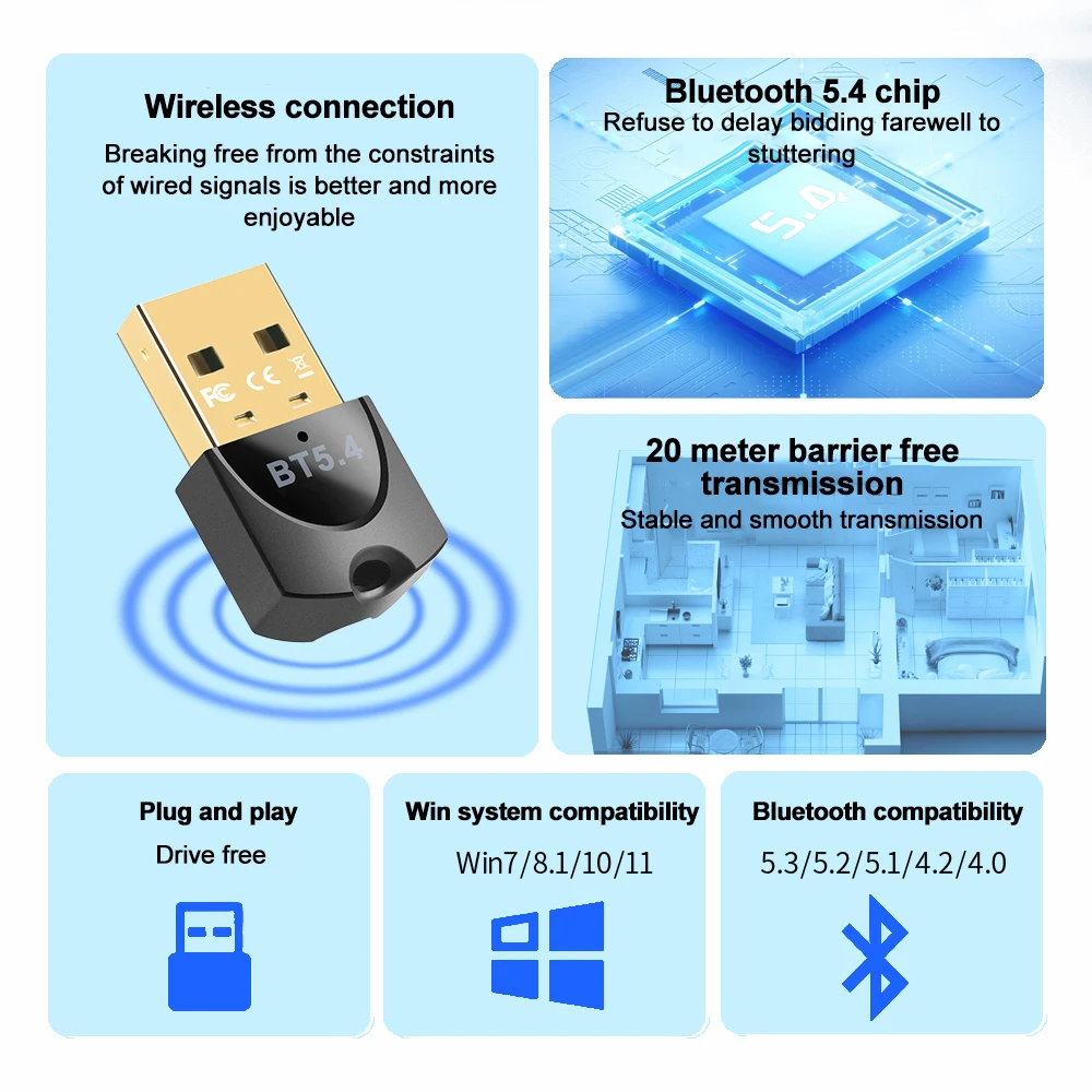 USB Bluetooth 5.4 5.3 Adapter Wireless Dongle Adapters for PC Wireless Mouse Keyboard Music Audio Receiver Transmitter Bluetooth