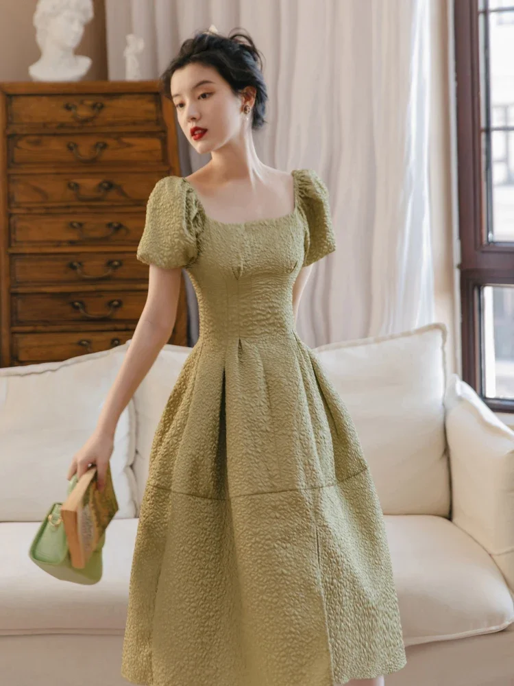 

Embossed Fashion Retro Square Neck Puff Sleeve Dresses For Women 2022 Green Mori Vintage Princess Dress Puff Vestidos de fiesta