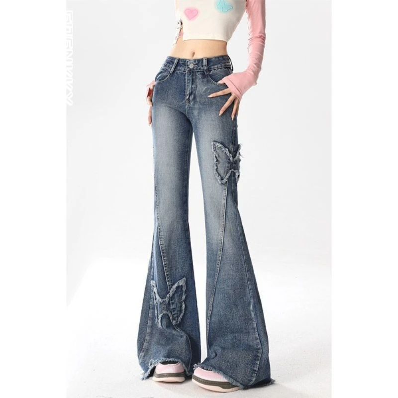 

American Butterfly Embroidery Jeans Women Spring Autumn High Waisted Slim Micro Horn Denim Pants Harajuku Wide Leg Trousers 2024
