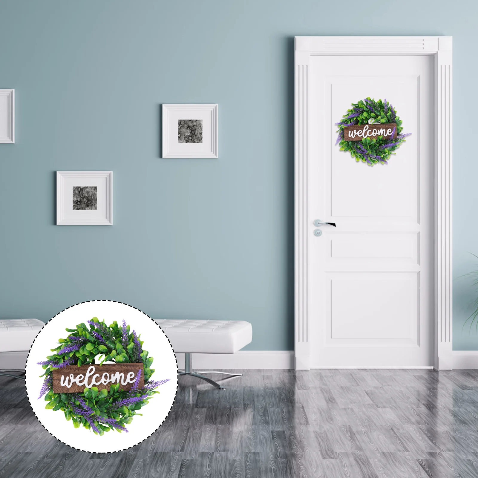 

Artificial Lavender Wreath Wooden Welcome Sign Rustic Green Leaves Garland Decorative Front Door Hanging Pendant for Farmhouse