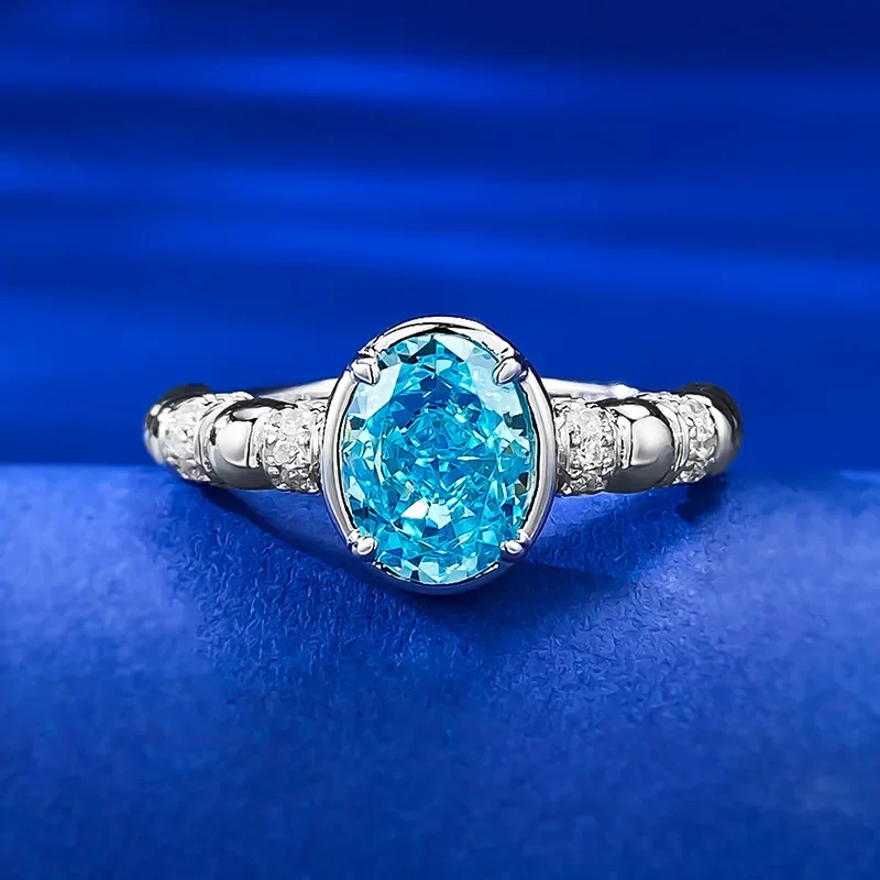 

New S925 Silver 6 * 8 Imported Ice Flower Cut Light Sea Blue Ring Women's Simple and Atmospheric Diamond