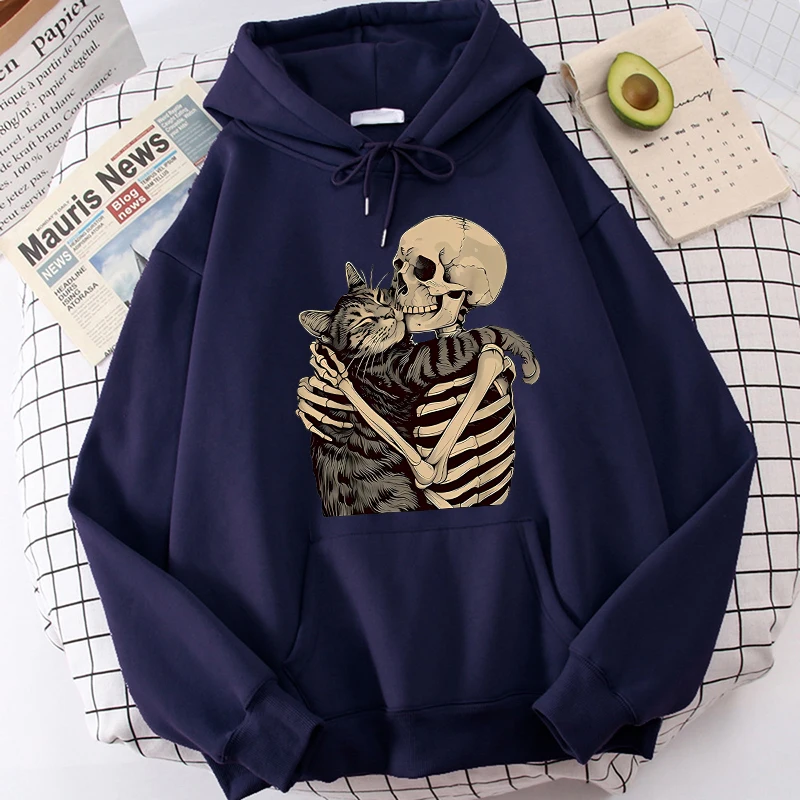 Halloween Skull and Cat Print Kangaroo Pocket Hoodies Fall Winter Long Sleeve Sweatshirt Unisex Funny Vintage Hooded 90s Clothes