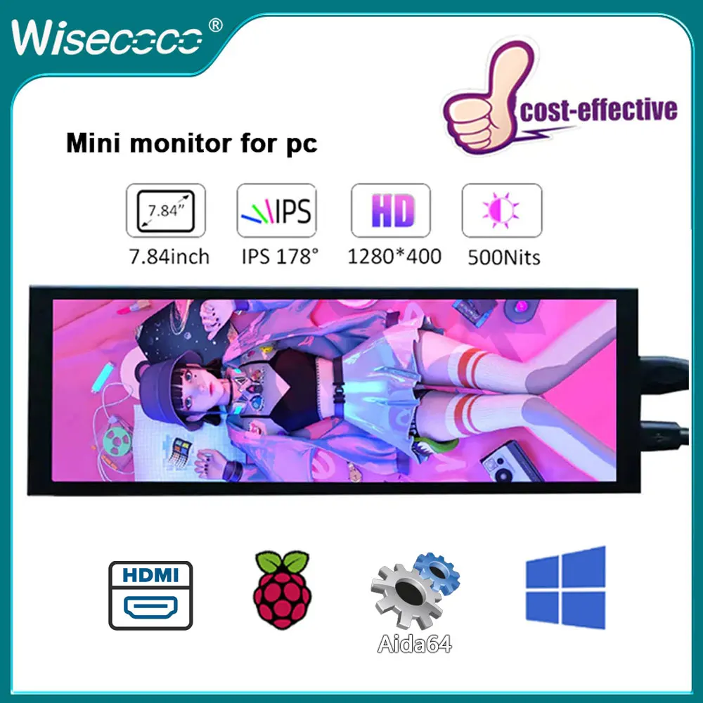 Wisecoco 7.84 pollici 1280x400 mini Monitor LCD portatile IPS schermo secondario Display del Computer per PC portatile Raspberry pi 4 Aida64