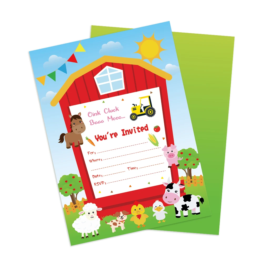 24pcs Cartoon Farm Animals Milk Cow Pig Chick Theme Invitation Cards with Envelopes Baby Shower Birthday Party Wedding Supplies