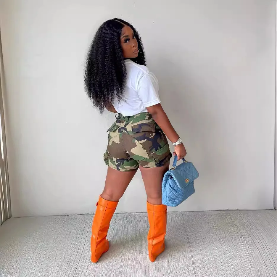 Cotton Camouflage Cargo Shorts Pants for Women Streetwear Camouflage printed patch pocket cargo shorts Fashion Style Ladies 2024