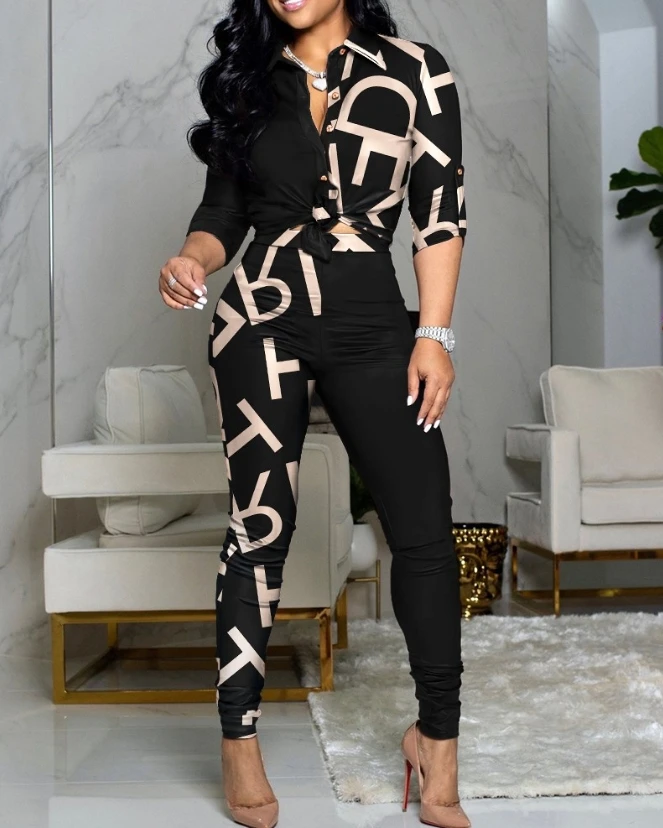 

Female Casual Clothing Letter Print Colorblock Knotted Top & High Waist Pants Set Commuting Women's Fashion Two Piece Outfits