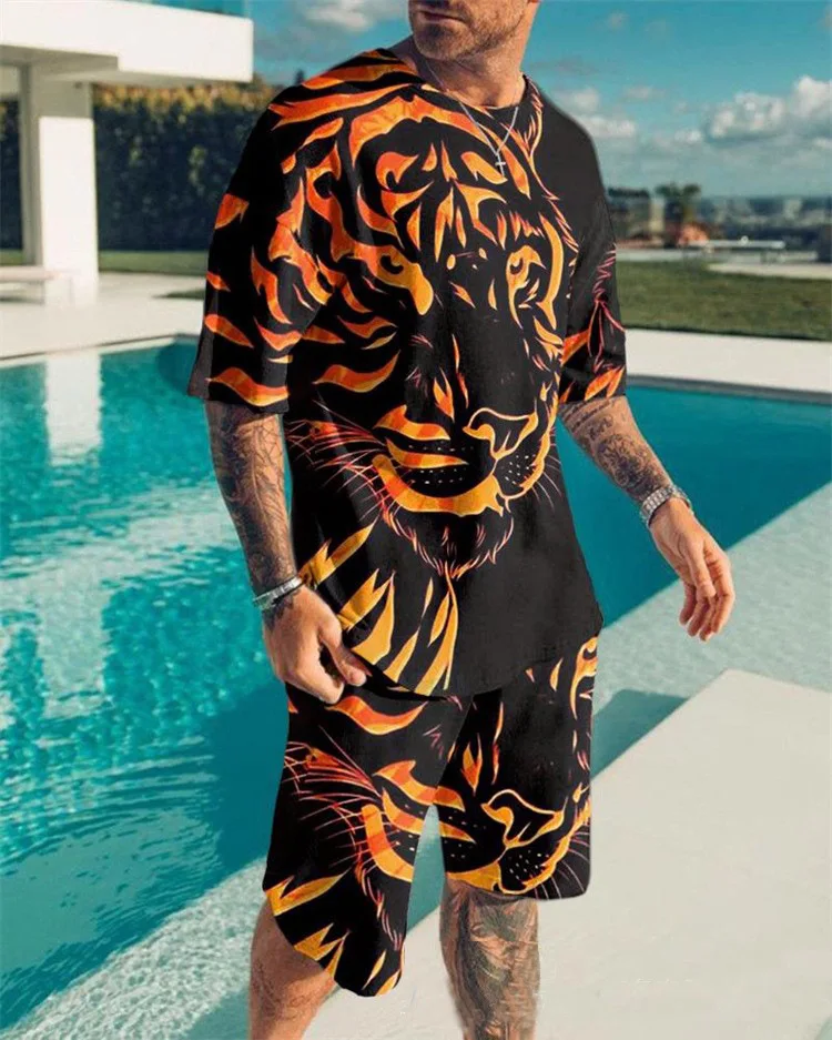 2023 Spring/Summer New Men's Street Fashion T-shirt Set 3D Digital Printed Tiger Pattern Short Sleeve Shorts Two Piece Set