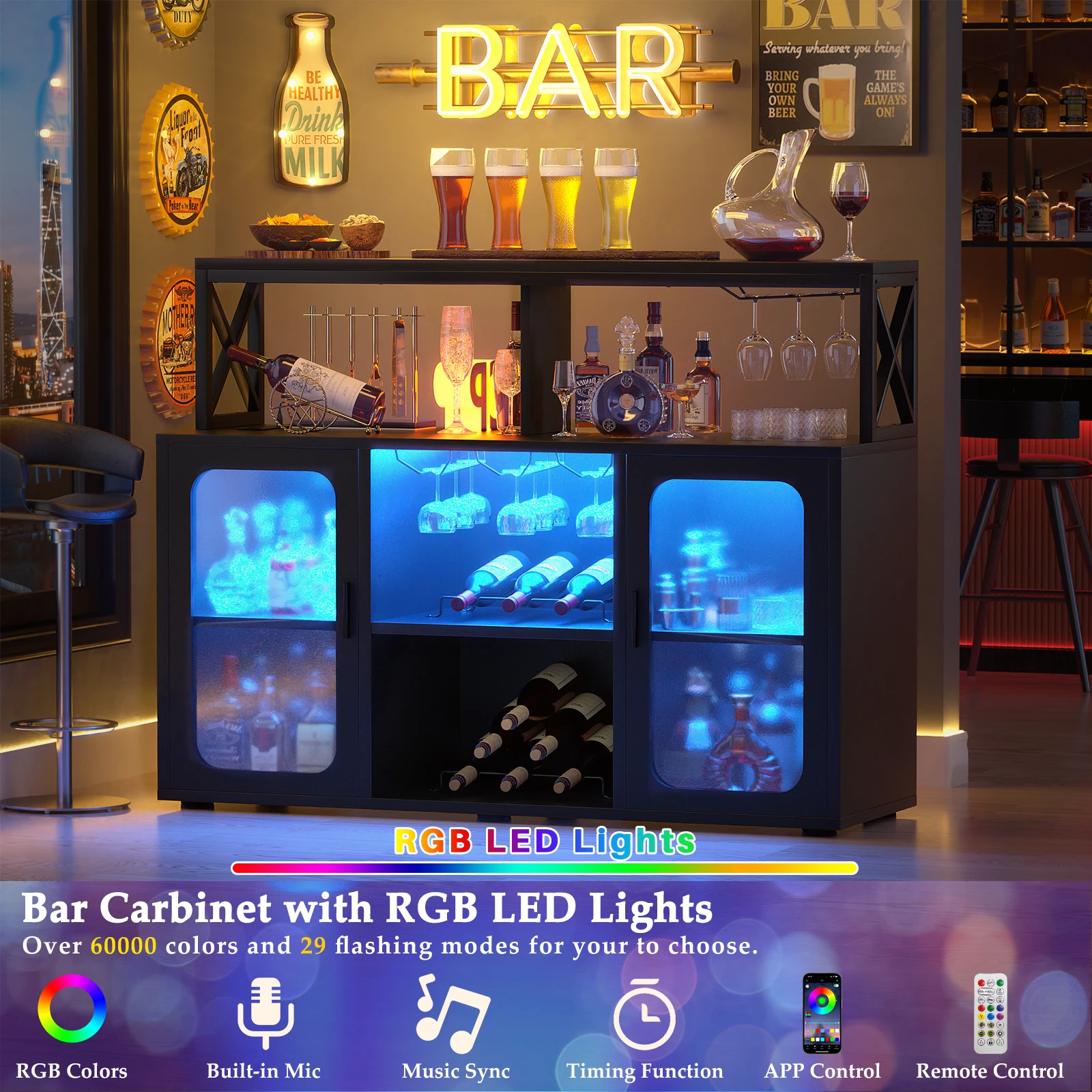 Aheaplus Black Bar Cabinet with Power Outlets LED Lights & Glass Holder - Storage Buffet Coffee Bar for Liquor Wine Racks for Home Kitchen image 3