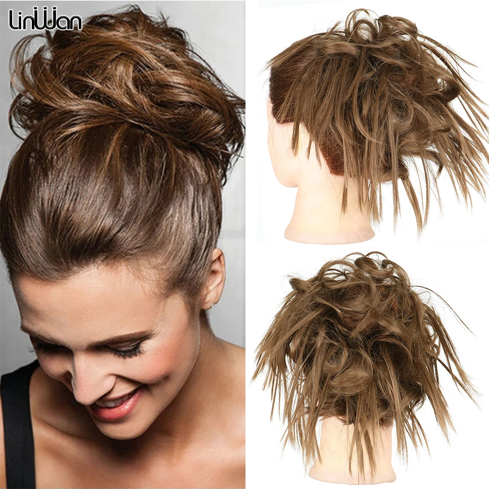 

Synthetic Messy Fluffy Hair Bun Tousled Hairpiece Elastic Band Chignon Scrunchie Ponytail Extensions Hair Bow for women Linwan