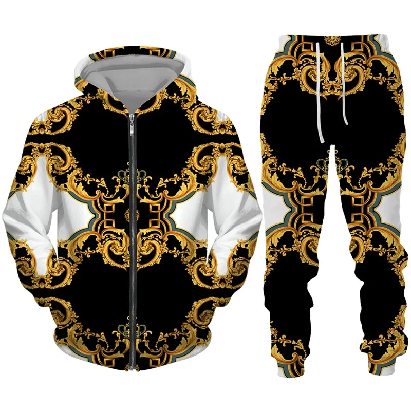 

2024 New Luxury Golden Pattern 3D Print Zipper Hoodie Tracksuit Set Baroque Court Crown Street Wear Men Women Clothing Suits