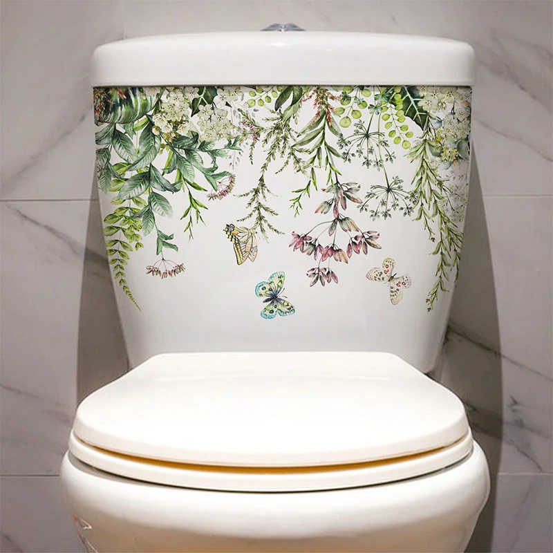 Green Plant Flower Butterfly Wall Sticker Bagno Toilet Sticker Wc Autoadesivo Murale Abbellire La Decorazione Della Casa Decalcomanie