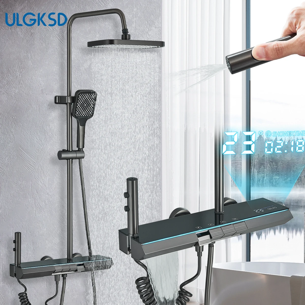 ULGKSD Bathroom Shower Faucet Set Rainfall Grey Led Display Shower Tap Hot Cold Water Mixer System For Bath 4 Ways Mixer Tap