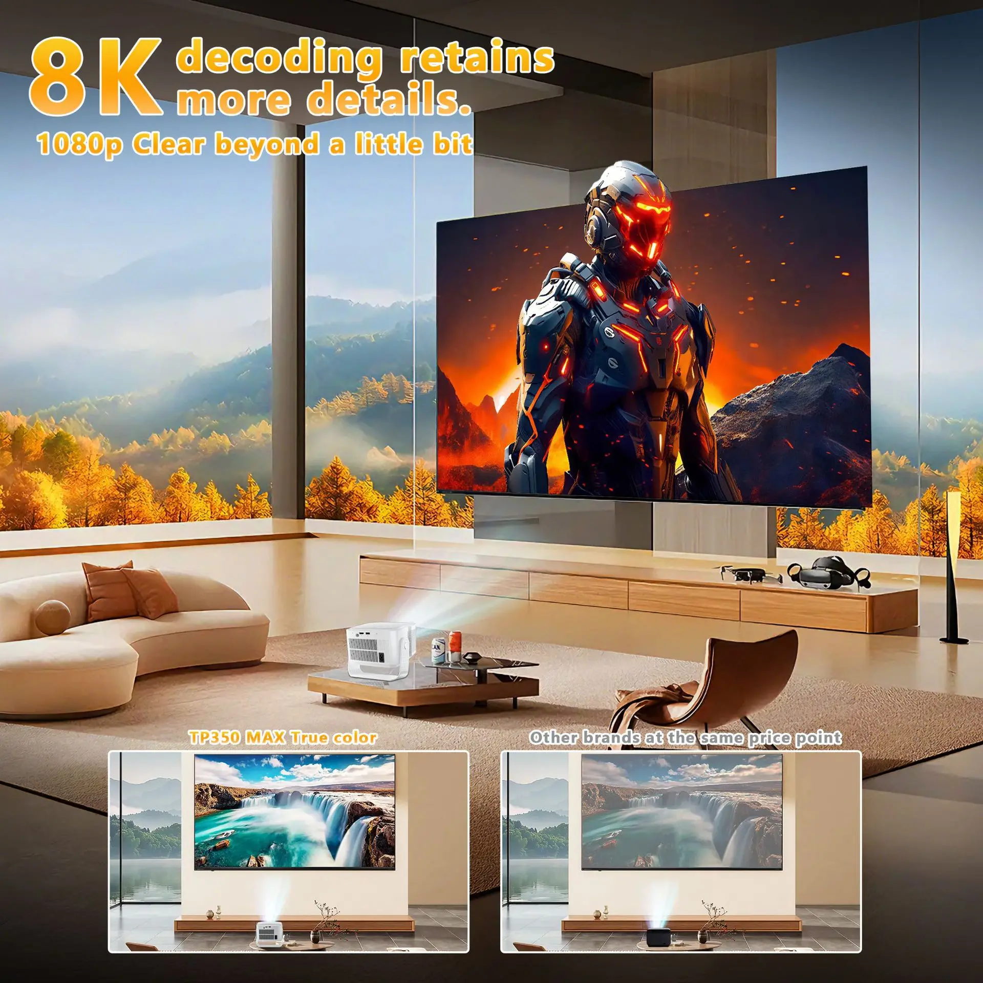 HY350MAX 안드로이드 14 프로젝터 8K 지원 스마트 홈 시네마 WiFi6 BT5.0 휴대용 미니 DLP 4K 비디오 빔프로젝터