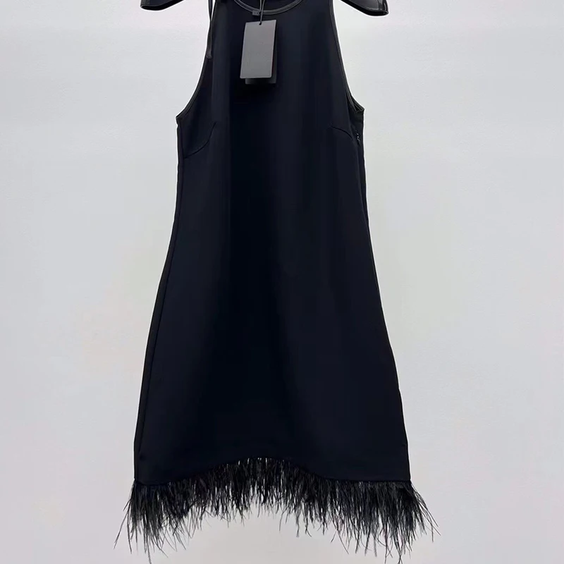 

Sexy Black Lace Up Design Halter Dress Fashion Ostrich Fur Hem Sleeveless Mini A-line Dresses 24 New High End Y2K Clothes Runway