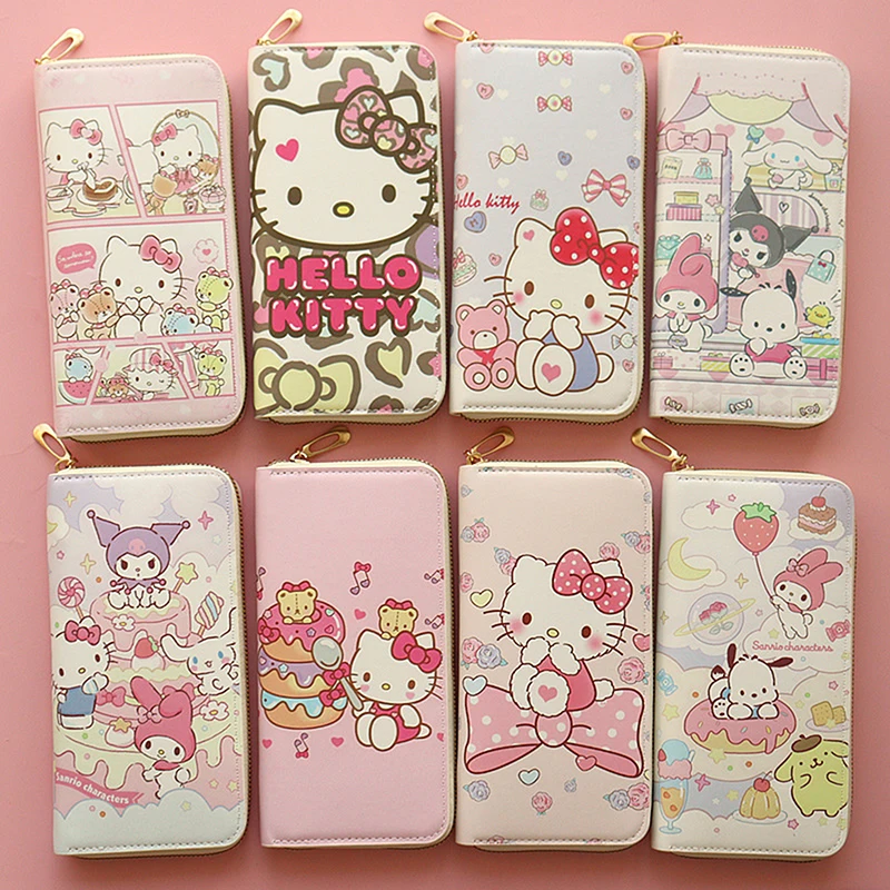 

Женские кошельки Hello Kitty для девушек, милые длинные кошельки с японским и корейским мультяшным рисунком, кошелек на молнии, Женский кошелек для мелочи для студентов, женская розовая сумка
