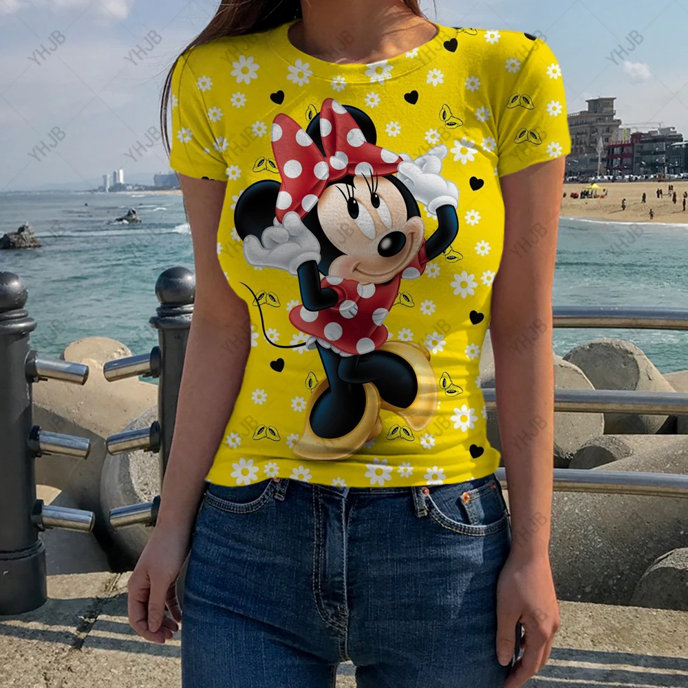 

Women's T-shirt Sexy Disney Minnie Mickey Mouse Print T Shirt For Ladies Fashion Street Short Sleeve Tops Slim Women's Clothing