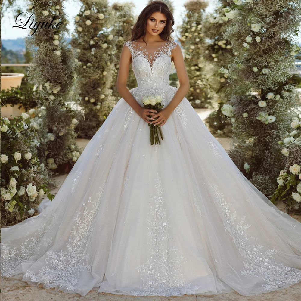

Liyuke Ball Gown Wedding Dress 2023 Embroidery Appliques Lace Sleeveless Bridal Skirts Vestido De Noiva