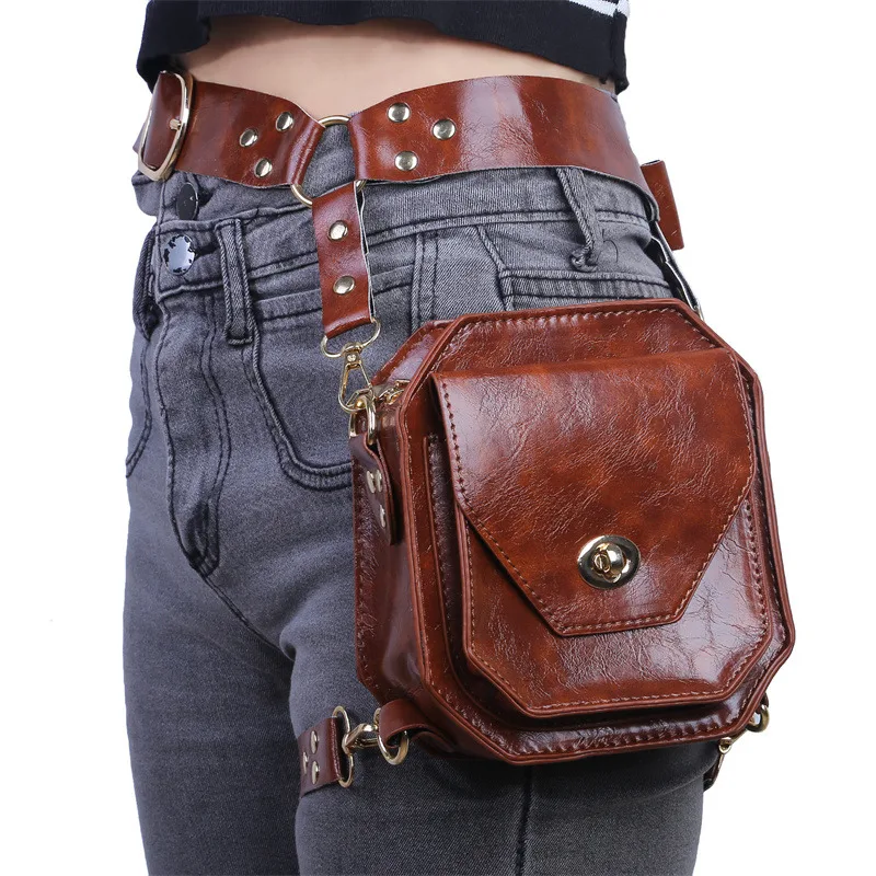 Punk Retro PU Waist Bag Casual Small Square Hip Packs For women's Crossbody Cross Multi-function Outdoor Leg Phone Pouch