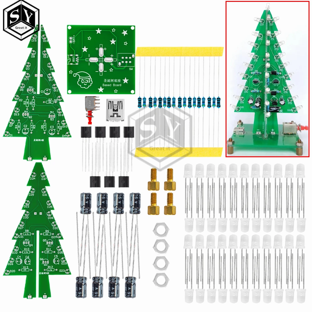 1PCSThreeDimensional3DChristmasTreeLEDDIYKitRedGreenYellow