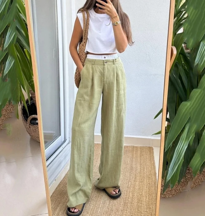 Two Piece Sets Women Outfit 2024 Casual Round Neck Sleeveless Top and Stylish Loose Contrasting Color Patchwork Pants Set