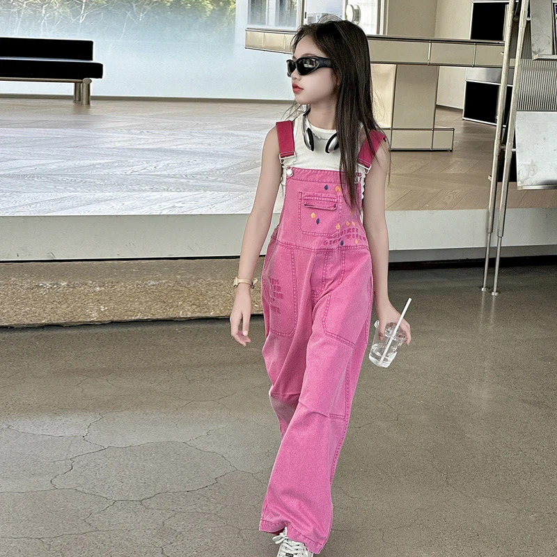 

6 8 10 12 14 Pink teenager girls denim jumpsuit kids overall junior Casual Wide Leg Jeans Fashion children Trousers cargo pants