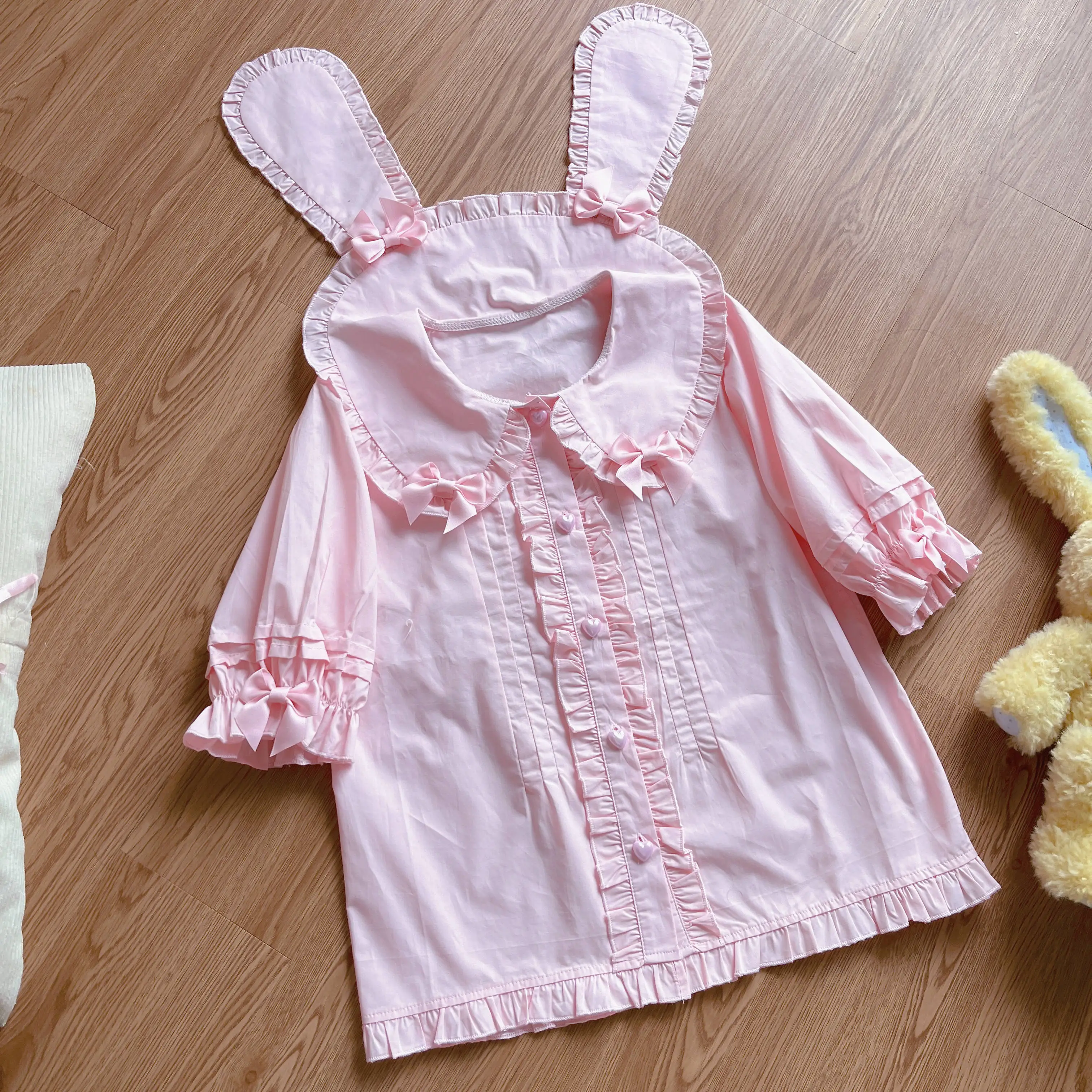 Japanese Soft Girl Sweet Cute Lolita Shirt with Bunny Bow Short Sleeved Student Top Shirt 3 Colors