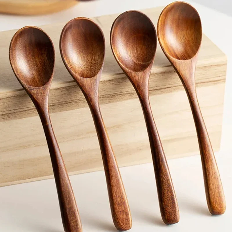 

4/1Pcs Wooden Spoons Japanese Style Dessert Rice Soup Wood Spoon Short Long Handle for Eating Mixing Stirring Kitchen Utensil