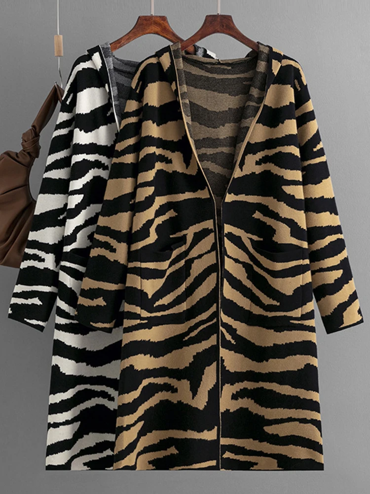 

Zebra Striped Knitted Cardigan Women Casual Hooded Cardigan Coat Autumn Winter Loose Long Sweater Lady Vintage Knitted Coat