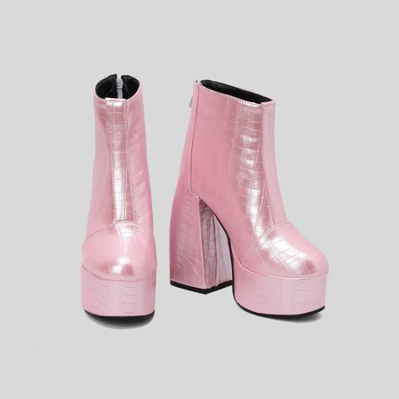 

2023 Round Head Ankle Boots 34-48 Platform Short Boots Back Zipper Motorcycle Boots 16 Colors 14cm Thick Heel Short Plush Boots