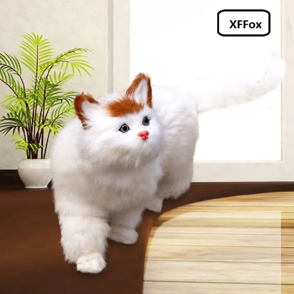 

cute real life standing white cat model plastic&furs yellow head cat gift about 30x23x14cm xf1443