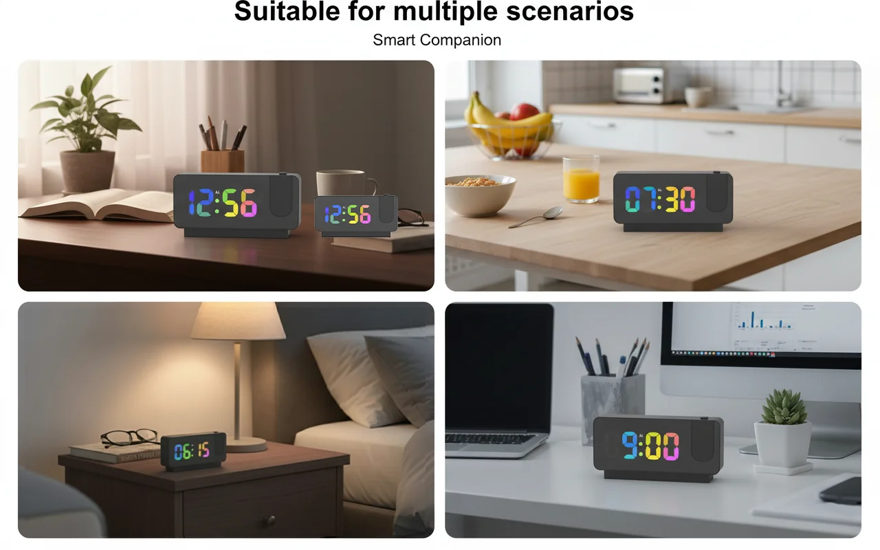 Clock camera placed on bedside table in a modern bedroom