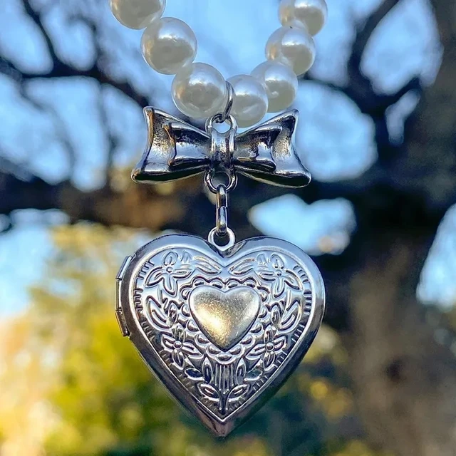 Korean Fashion Cute Pearl Beads Bowknot Heart Pendant Necklace for
