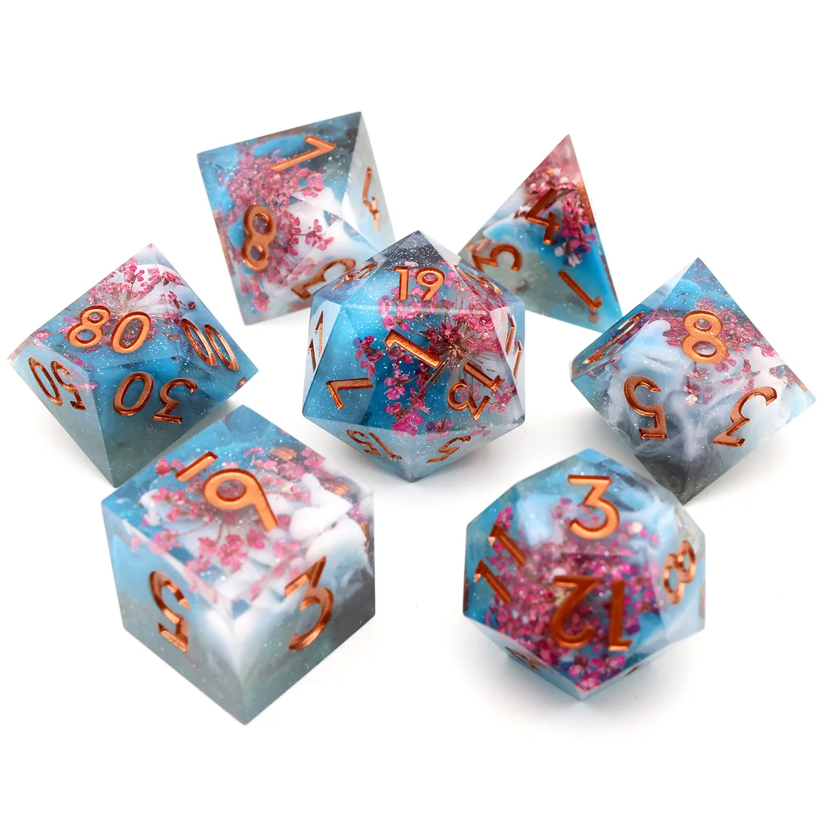 Resin DND Dice Set Role Playing Table Game 7 Pieces Set RPG Dice Sharp Edge Dice For Board Games DND Gift-Blooming Flower