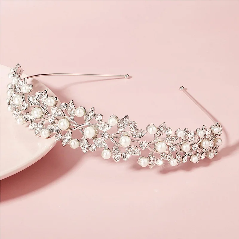 Silberne Strass-Haarkrone mit elfenbeinfarbenen Perlen, Vintage-Kristall-Braut-Hochzeits-Tiara, Braut-Kopfschmuck, Kronen, Mutter-Tochter-Stirnband – Detail 6